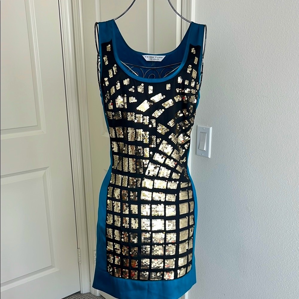 Trina Turk Teal and Black Sequin Mini Dress Size 6.